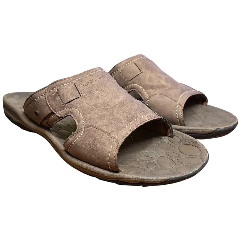 ROCKPORT Hayes Comfort Slides Men's 13 Brown Leather Sandals Casual